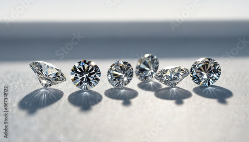 A close-up image of six round cut diamonds on a white surface with their shadows cast in the sunlight