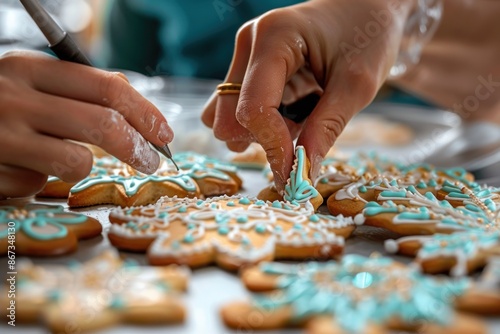 Close-up of American hands decorating cookies for an online bakery, intricate icing designs and bright kitchen setting