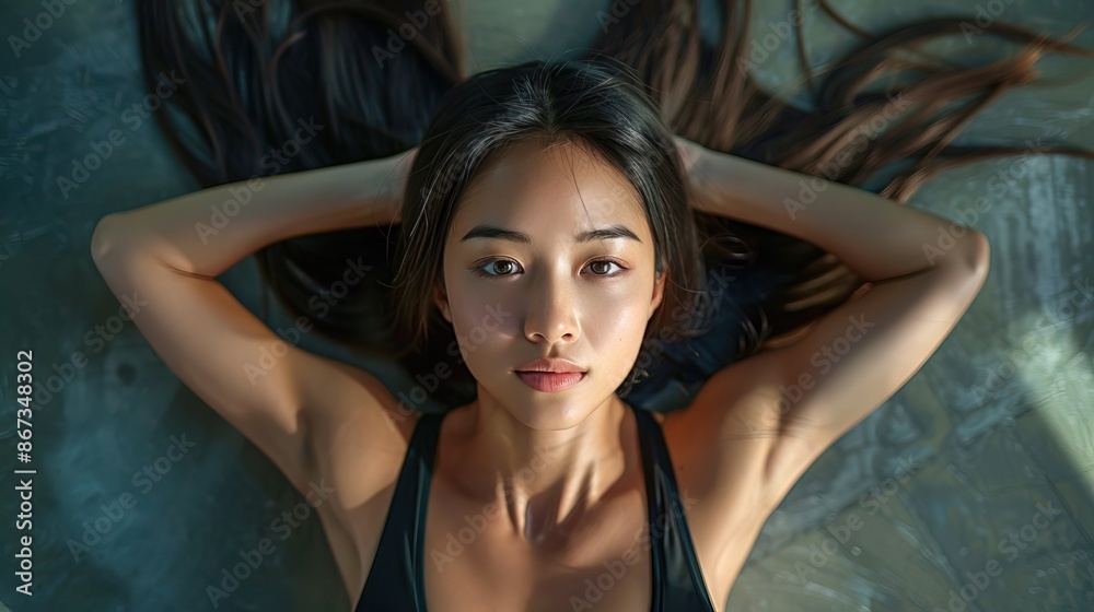 Beautiful korean woman with long straight hair doing Bodyweight bridge at the gym, top view, dramatic light 