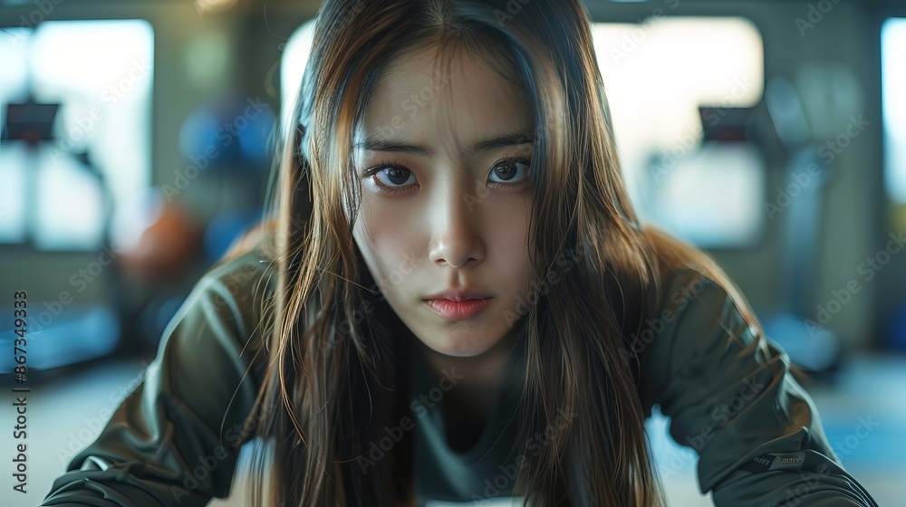 Beautiful korean woman with long straight hair doing push up at the gym, front view, dramatic light Beautiful korean woman with long straight hair doing push up at the gym, front view, dramatic light