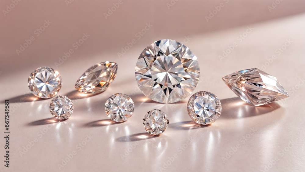 A close-up photo of several diamonds of different shapes and sizes on a soft pink surface