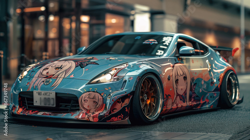 Itasha sports car wrapped with anime characters parked in japane