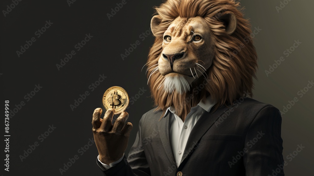 Lion in a Suit Holding a Big Gold Coin, Emphasizing Power, Wealth, and Authority, Ideal for Illustrating Financial Success and Leadership in a Creative and Bold Manner Lion in a Suit Holding a Big Gold Coin, Emphasizing Power, Wealth, and Authority, Ideal for Illustrating Financial Success and Leadership in a Creative and Bold Manner