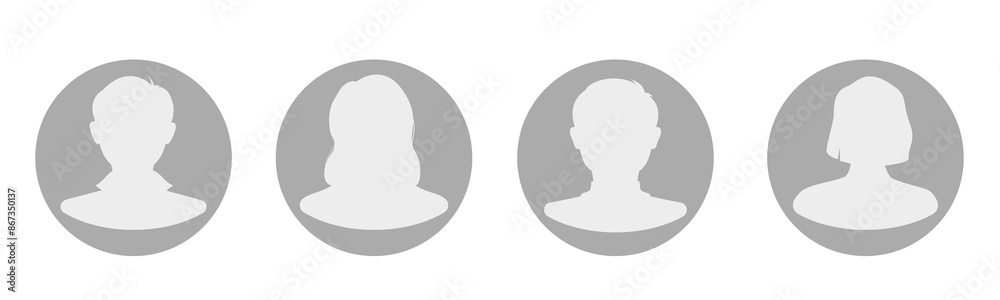 Default avatar profile for unknown anonymous users. Male and female portraits, silhouettes. Man, woman, people. White and gray vector illustration. All objects are isolated Default avatar profile for unknown anonymous users. Male and female portraits, silhouettes. Man, woman, people. White and gray vector illustration. All objects are isolated
