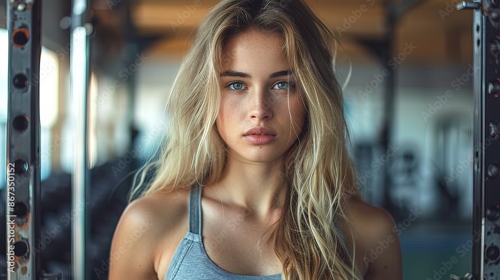Beautiful blonde woman with long straight hair doing squat at the gym, front view, dramatic light Beautiful blonde woman with long straight hair doing squat at the gym, front view, dramatic light