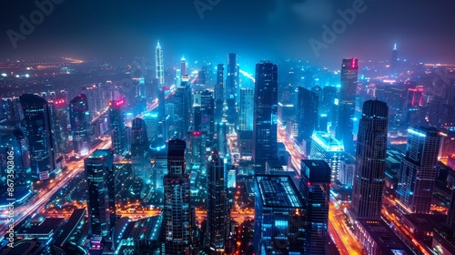 A high-angle view of a modern city skyline at night, showcasing futuristic architecture illuminated by neon lights