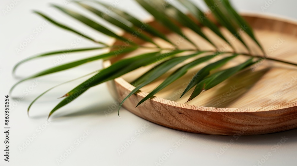 Wooden plate with natural palm leaves offers an eco-friendly, sustainable approach to product presentation, creating a visually appealing arrangement. Wooden plate with natural palm leaves offers an eco-friendly, sustainable approach to product presentation, creating a visually appealing arrangement.