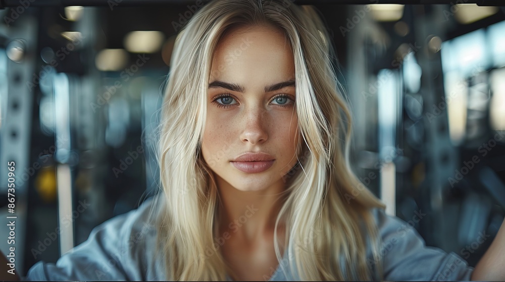 Beautiful blonde woman with long straight hair doing bench press at the gym, front view, dramatic light Beautiful blonde woman with long straight hair doing bench press at the gym, front view, dramatic light
