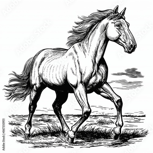 Retro hand-drawn illustration of Horse, Vintage engraved icon design, Isolated on white background