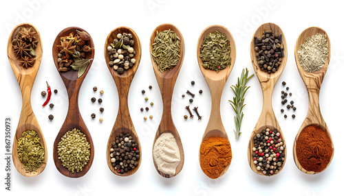 mix of spices in wooden spoon isolated on a white background. Top view. Flat lay