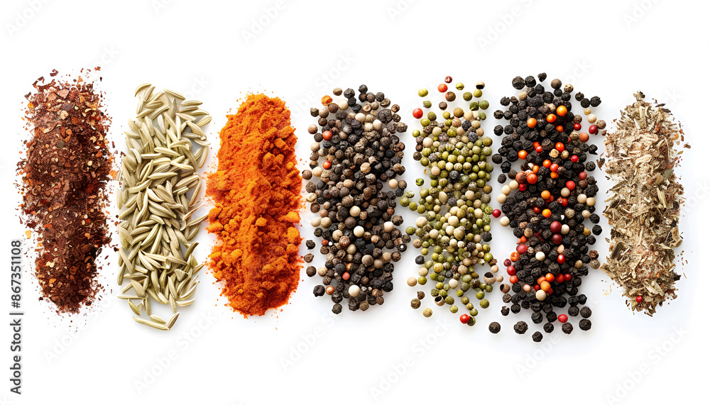 mix of spices isolated on a white background. Top view. Flat lay. Set or collection mix of spices isolated on a white background. Top view. Flat lay. Set or collection
