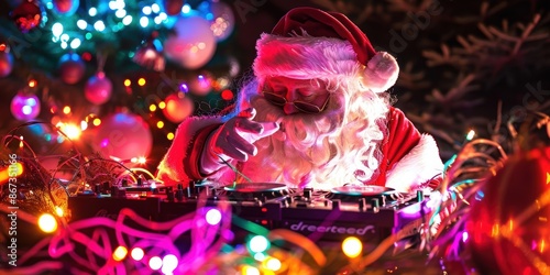 Santa Claus DJing at a festive party. Digital artwork. Christmas holiday and celebration concept for posters, wallpapers, and banners. Close-up view. © mashimara