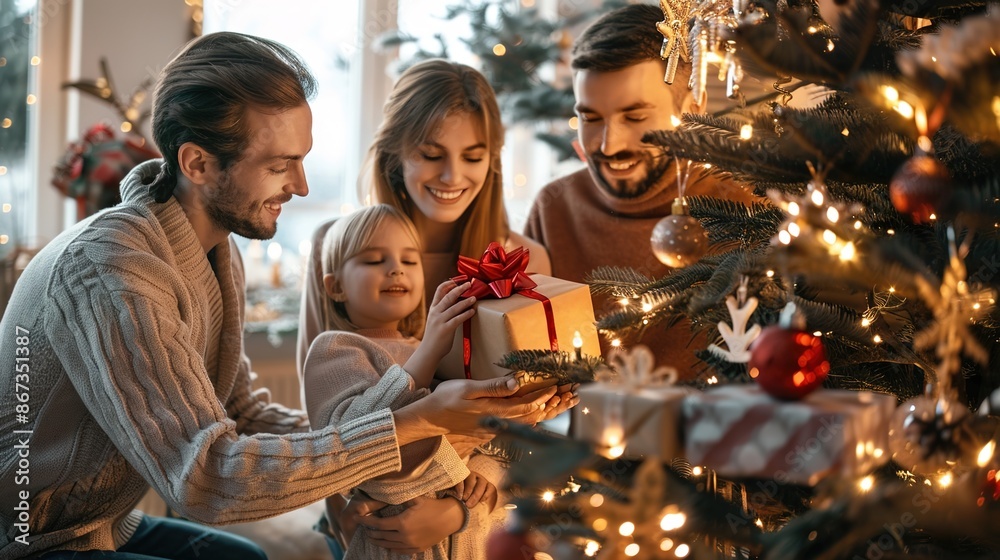 Festive Family Celebrating Christmas with Gift Exchange Around Beautifully Decorated Tree Festive Family Celebrating Christmas with Gift Exchange Around Beautifully Decorated Tree