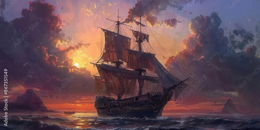 Obraz premium Adventure Awaits. Pirate Ship Fantasy Concept