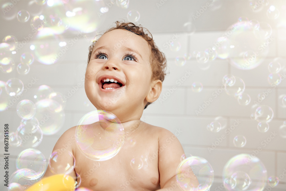 Bubbles, baby and happy in bathroom for bath, cleaning and hygiene with night time routine for growth or development. Toddler, home and washing in bathtub for skin care, cute and playful in house Bubbles, baby and happy in bathroom for bath, cleaning and hygiene with night time routine for growth or development. Toddler, home and washing in bathtub for skin care, cute and playful in house