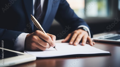Closeup a businessman writing with papers and pen at desk in office