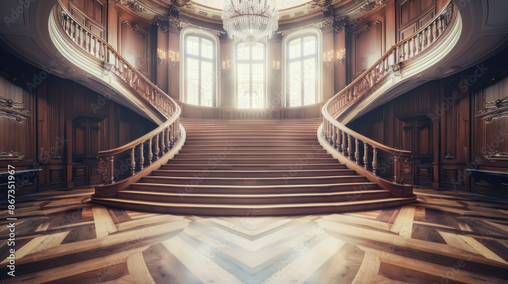 Fototapeta premium A luxurious grand staircase in a classic, elegantly furnished mansion, featuring ornate woodwork and plush seating.