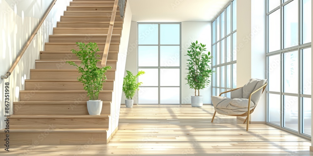 Bright and airy modern interior with wooden stairs, potted plants, and a comfortable chair. Minimalistic design with natural light. Bright and airy modern interior with wooden stairs, potted plants, and a comfortable chair. Minimalistic design with natural light.