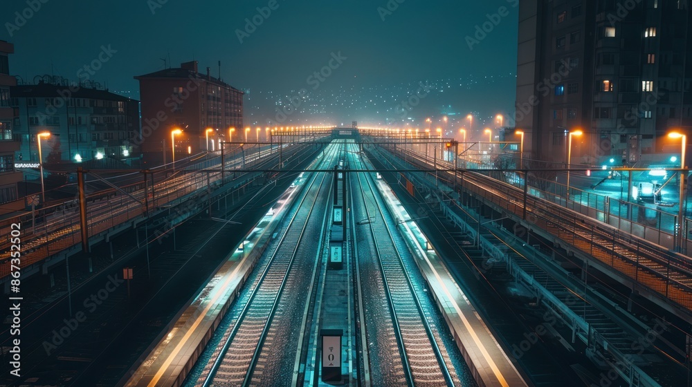 Fototapeta premium Futuristic Night Train Station - Illuminated train tracks and platforms at night, showcasing a futuristic, empty train station with city lights in the background.