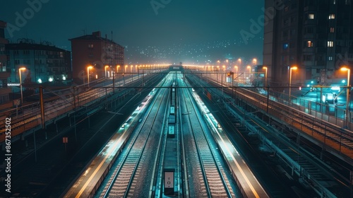 Futuristic Night Train Station - Illuminated train tracks and platforms at night, showcasing a futuristic, empty train station with city lights in the background.