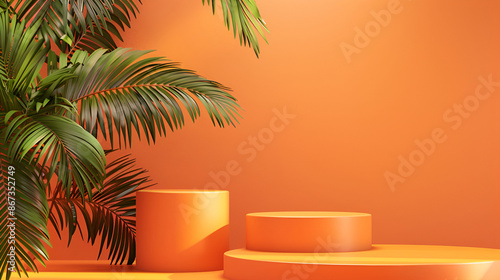 Podium minimal on stage with palm summer orange platform, studio background 3d rendering orange podium, 3d background products display podium scene with leaf geometric platform,background 