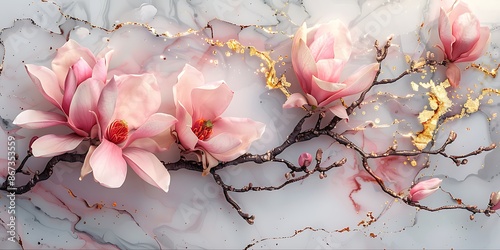 Magnolia flowers on a marble background. 3d rendering, 3d illustration.