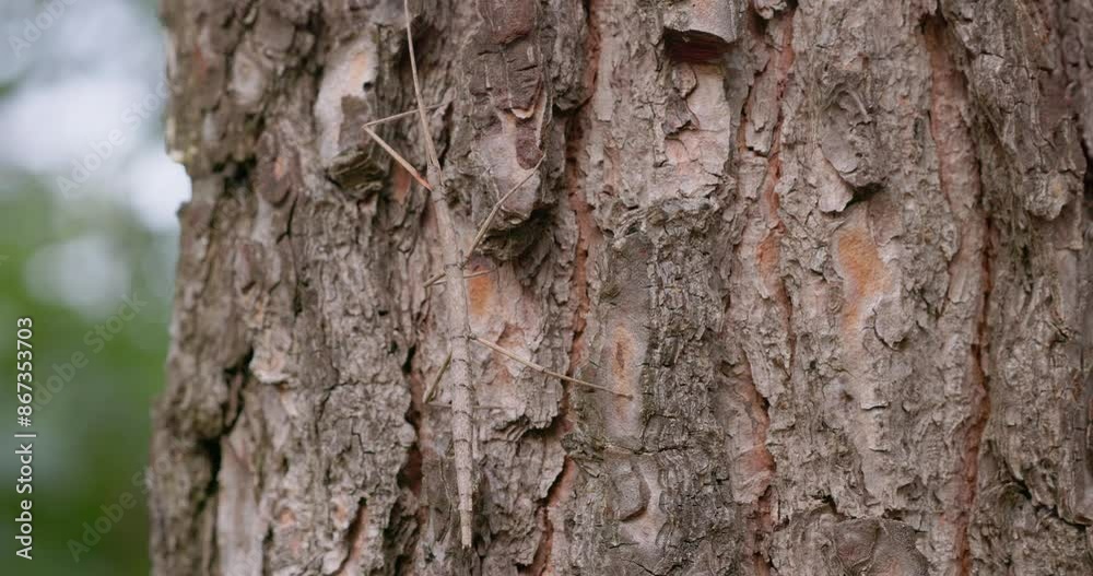 The European stick insect (Bacillus rossius) on a pine tree