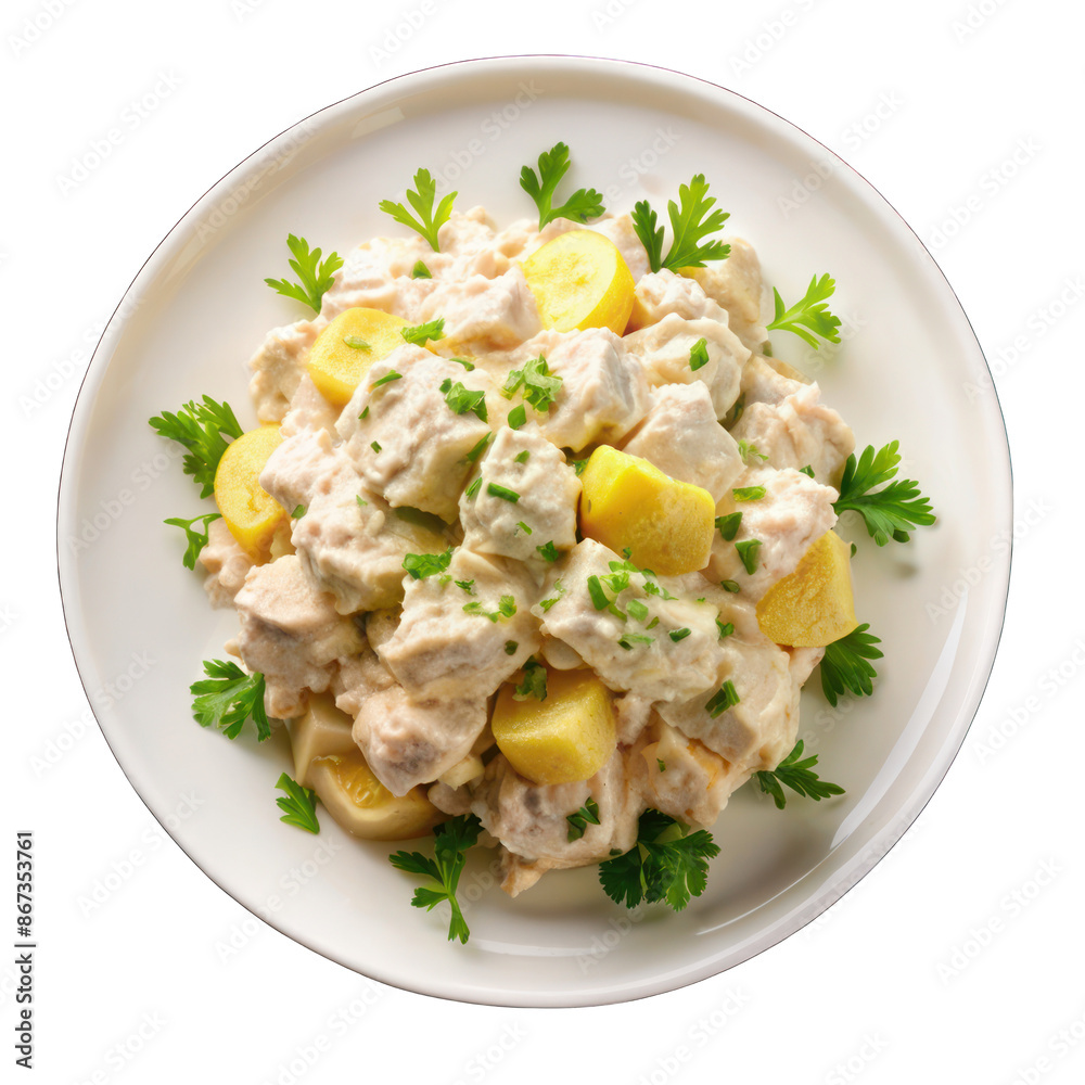 Ensaladilla rusa, potato salad with tuna and mayonnaise on white plate on transparent