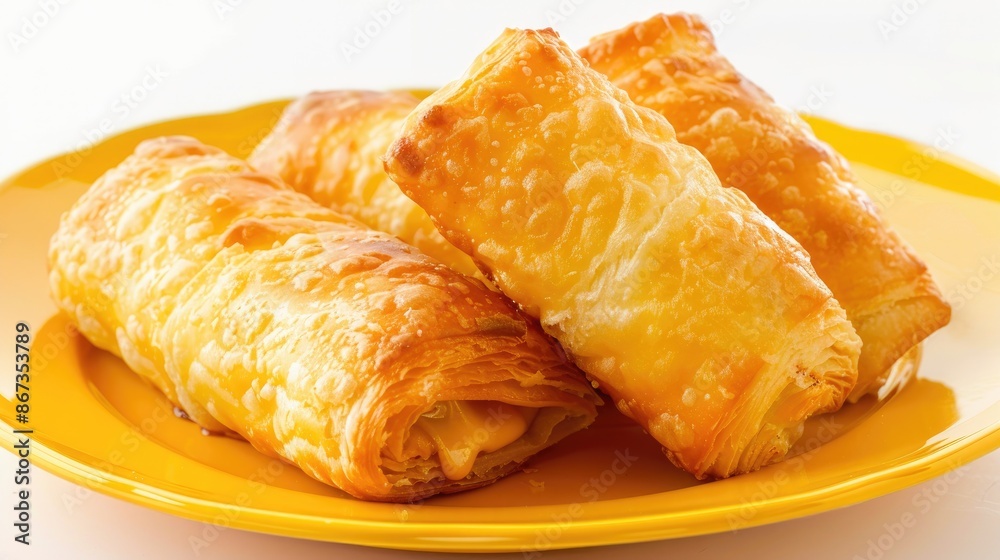 Cheese filled rolls served on a yellow plate against a white backdrop Cheese filled rolls served on a yellow plate against a white backdrop