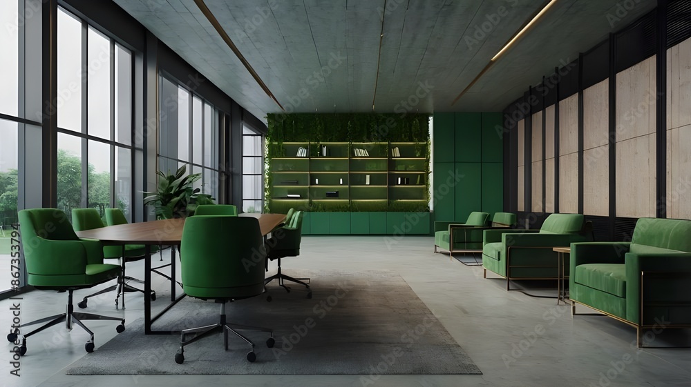 Fototapeta premium green color interior office with large window