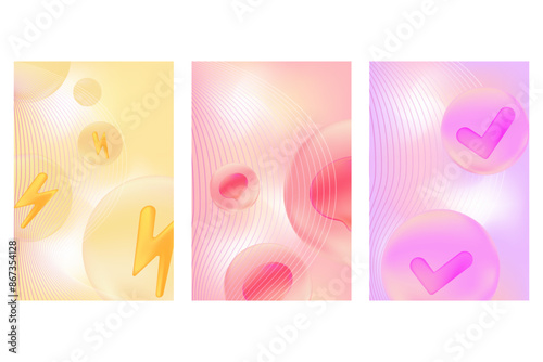 Cute yellow, green, pink color icon set with speech bubble, energy lightening bolt, check mark icon with gradient background. Glowing bubble icons, vector for presentation, infographics, social media