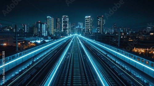 Futuristic Night Train Tracks - A mesmerizing view of futuristic train tracks illuminated by neon lights, set against a backdrop of modern city skyscrapers at night.