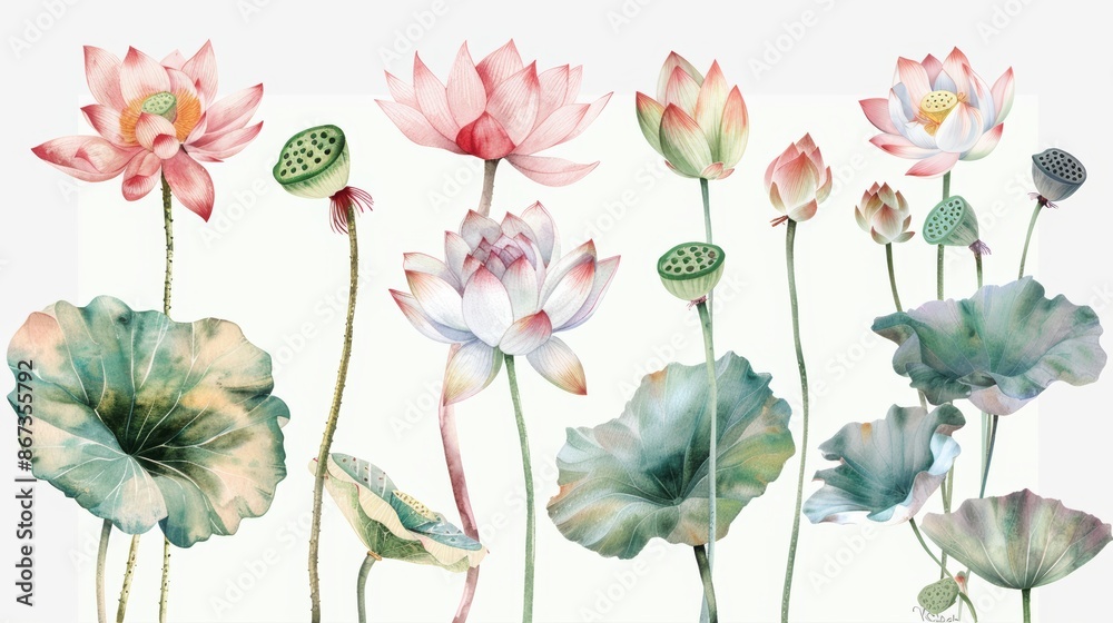 set of flowers, leaves and lotus fruits on a white background for printing set of flowers, leaves and lotus fruits on a white background for printing