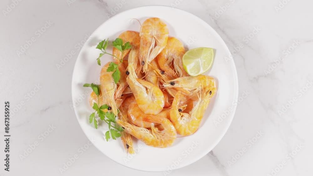 boiled prawn on white plate food rotation. boiled prawn on white plate food rotation.