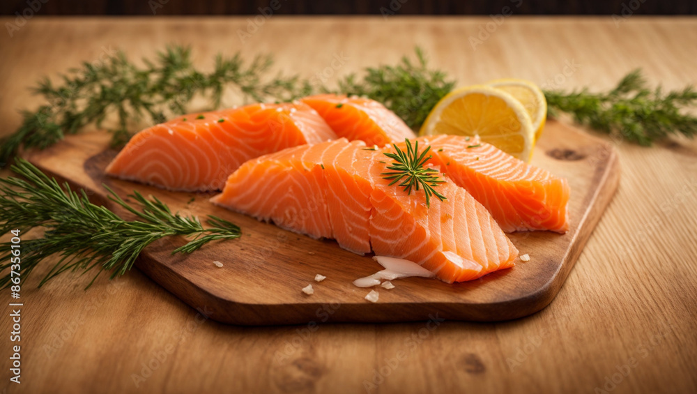 Photo of salmon fillet on a wooden table that looks delicious, Generative Ai Photo of salmon fillet on a wooden table that looks delicious, Generative Ai