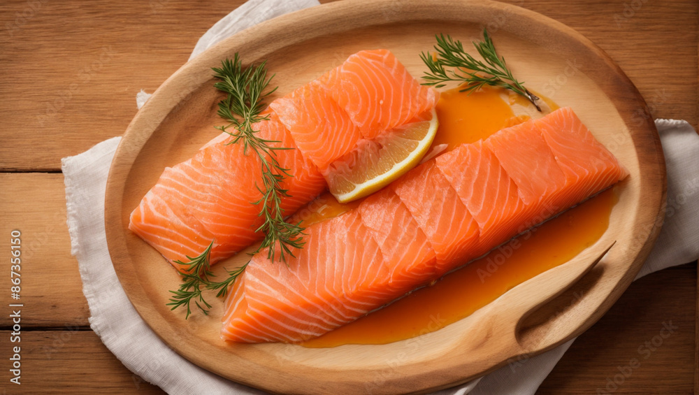 Photo of salmon fillet on a wooden table that looks delicious, Generative Ai Photo of salmon fillet on a wooden table that looks delicious, Generative Ai