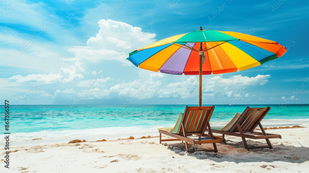 Bright summer photo of two sunbeds on soft sand beach, with a colorful umbrella providing shade from the sun with a clear blue sky and gentle waves in the background Bright summer photo of two sunbeds on soft sand beach, with a colorful umbrella providing shade from the sun with a clear blue sky and gentle waves in the background
