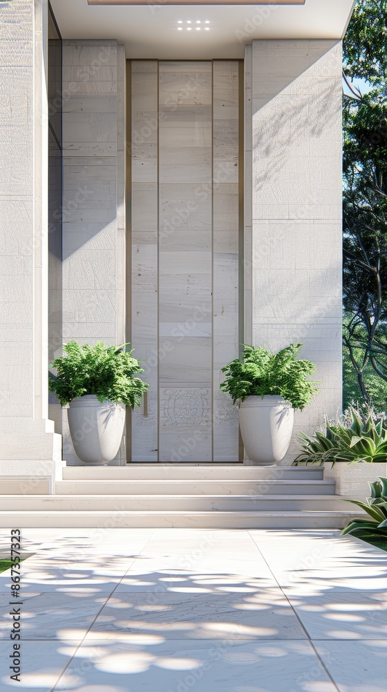A close-up view of a white front door with decorative molding, a silver door handle, and potted plants on either side A close-up view of a white front door with decorative molding, a silver door handle, and potted plants on either side