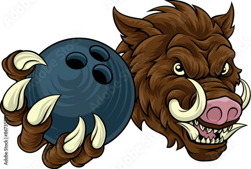 A wild boar, hog razorback warthog pig mean tough cartoon sports mascot holding a bowling ball photo