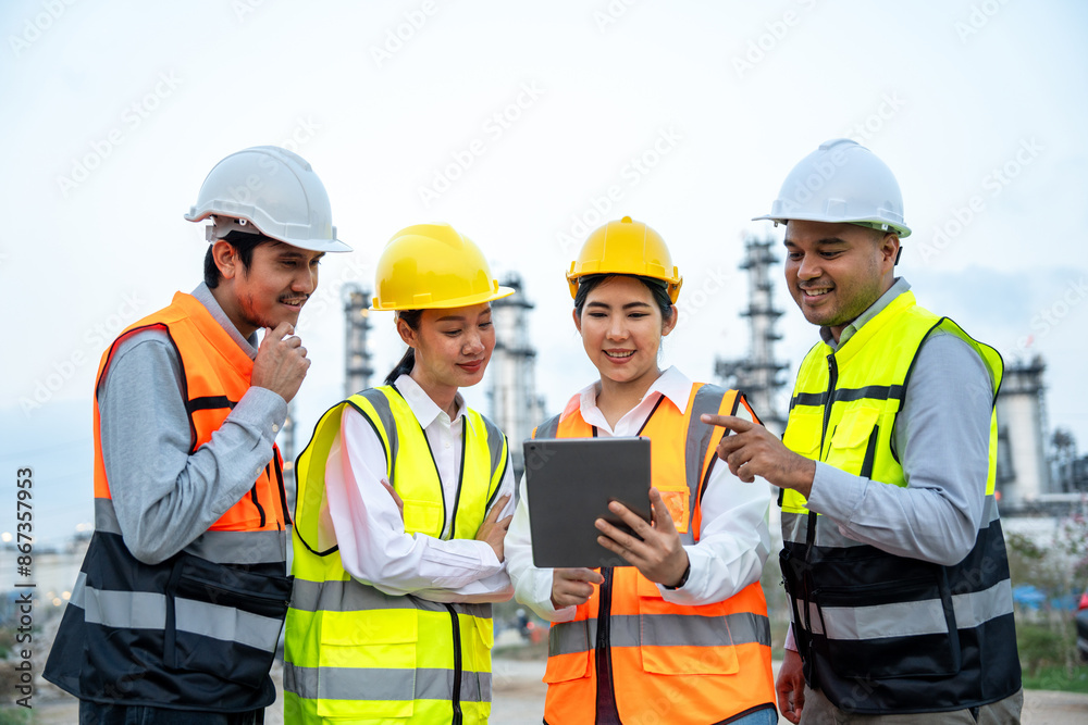 Group of Asian engineer people with safety helmet standing front of oil refinery. Industry zone gas petrochemical. Factory oil storage tank and pipeline. Workers team work in refinery construction Group of Asian engineer people with safety helmet standing front of oil refinery. Industry zone gas petrochemical. Factory oil storage tank and pipeline. Workers team work in refinery construction