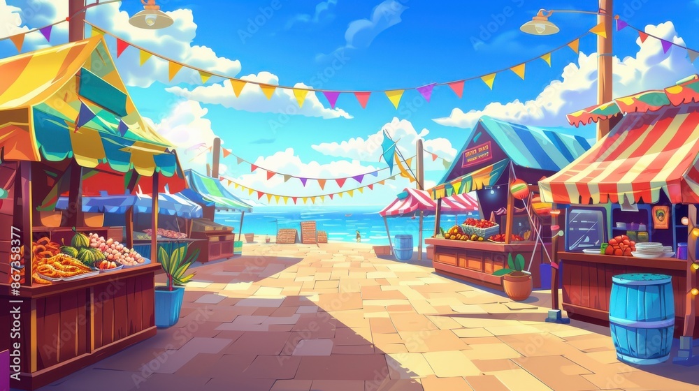 Fototapeta premium Vibrant Beach Marketplace with Colorful Stalls and Ocean View