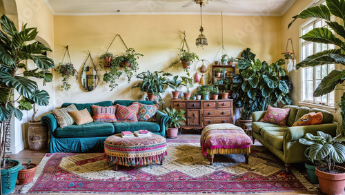 A bohemian-inspired living space with vibrant colors, eclectic furniture, and an abundance of plants