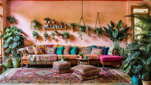 A bohemian-inspired living space with vibrant colors, eclectic furniture, and an abundance of plants