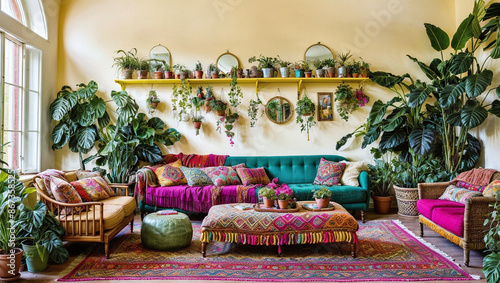 A bohemian-inspired living space with vibrant colors, eclectic furniture, and an abundance of plants