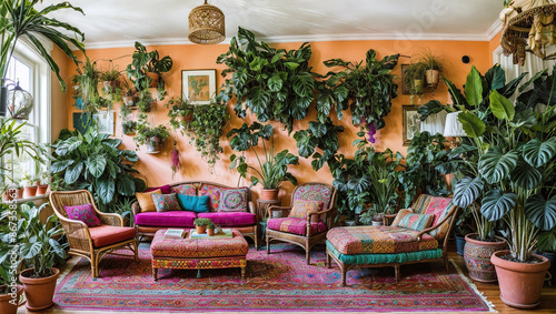 A bohemian-inspired living space with vibrant colors, eclectic furniture, and an abundance of plants