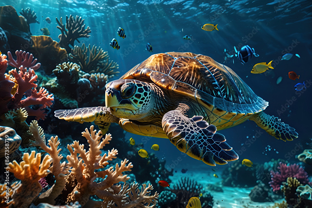stunning giant turtle swim in the underwater stunning giant turtle swim in the underwater