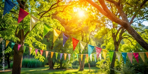 Vibrant pennant string decorates a serene outdoor setting, flowing gently in the breeze amidst lush green foliage of a majestic tree on a sunny day. photo
