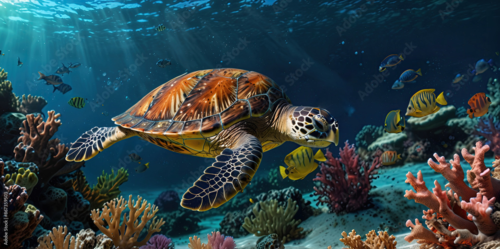 Fototapeta premium stunning giant turtle swim in the underwater