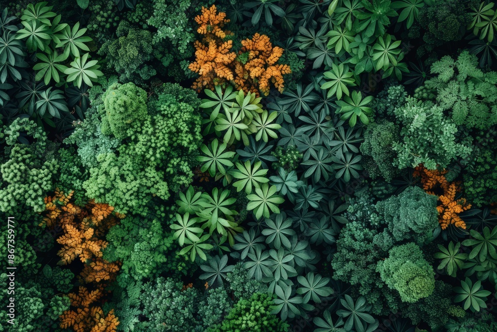 Obraz premium Aerial view of lush tropical rainforest with vibrant green and orange foliage. Nature's canopy texture in an untouched jungle.