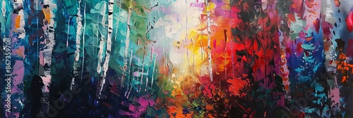 The image is a colorful painting of trees in a forest. The trees are painted in a variety of colorsincluding 